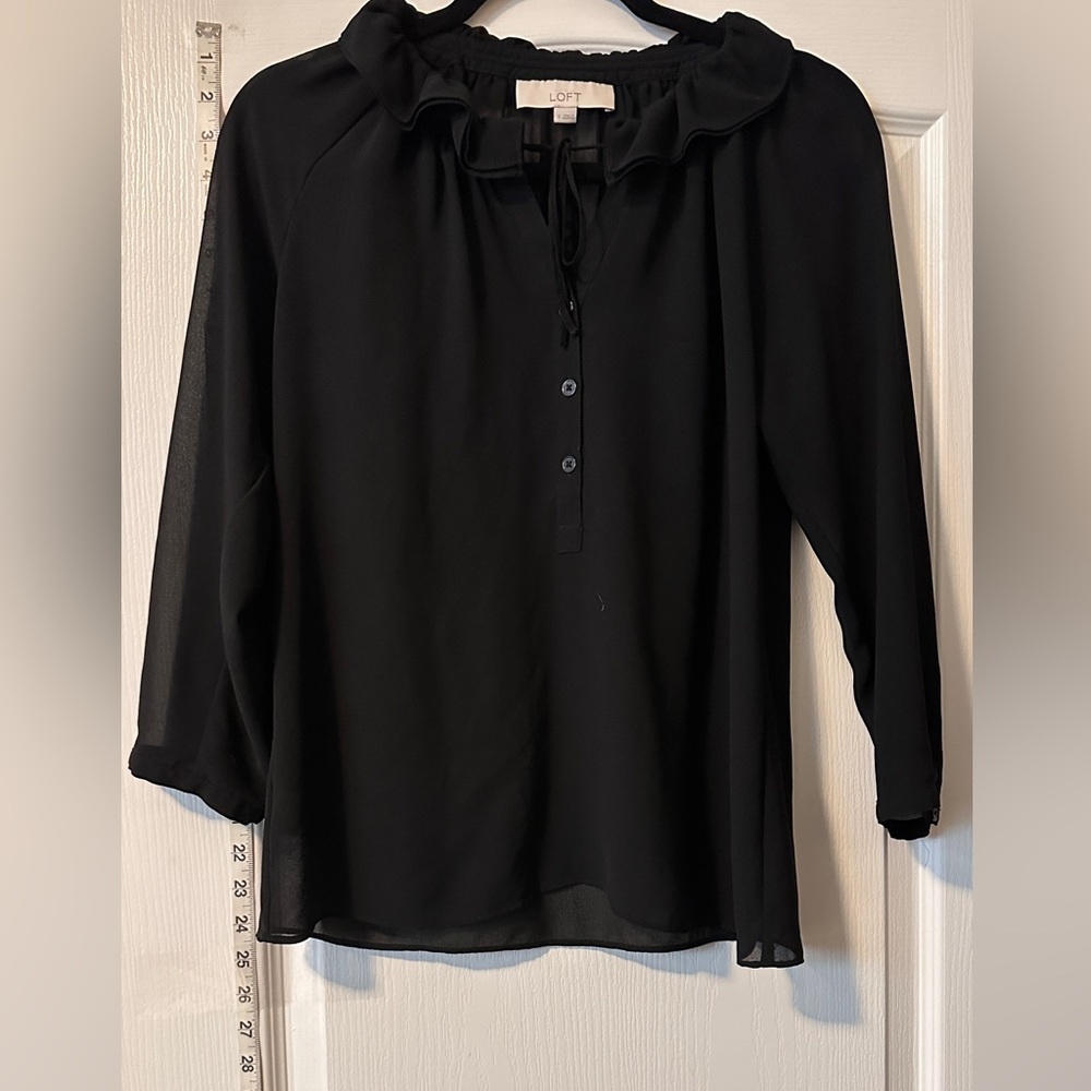 LOFT Long Sleeve Sheer Black Blouse, Size Small